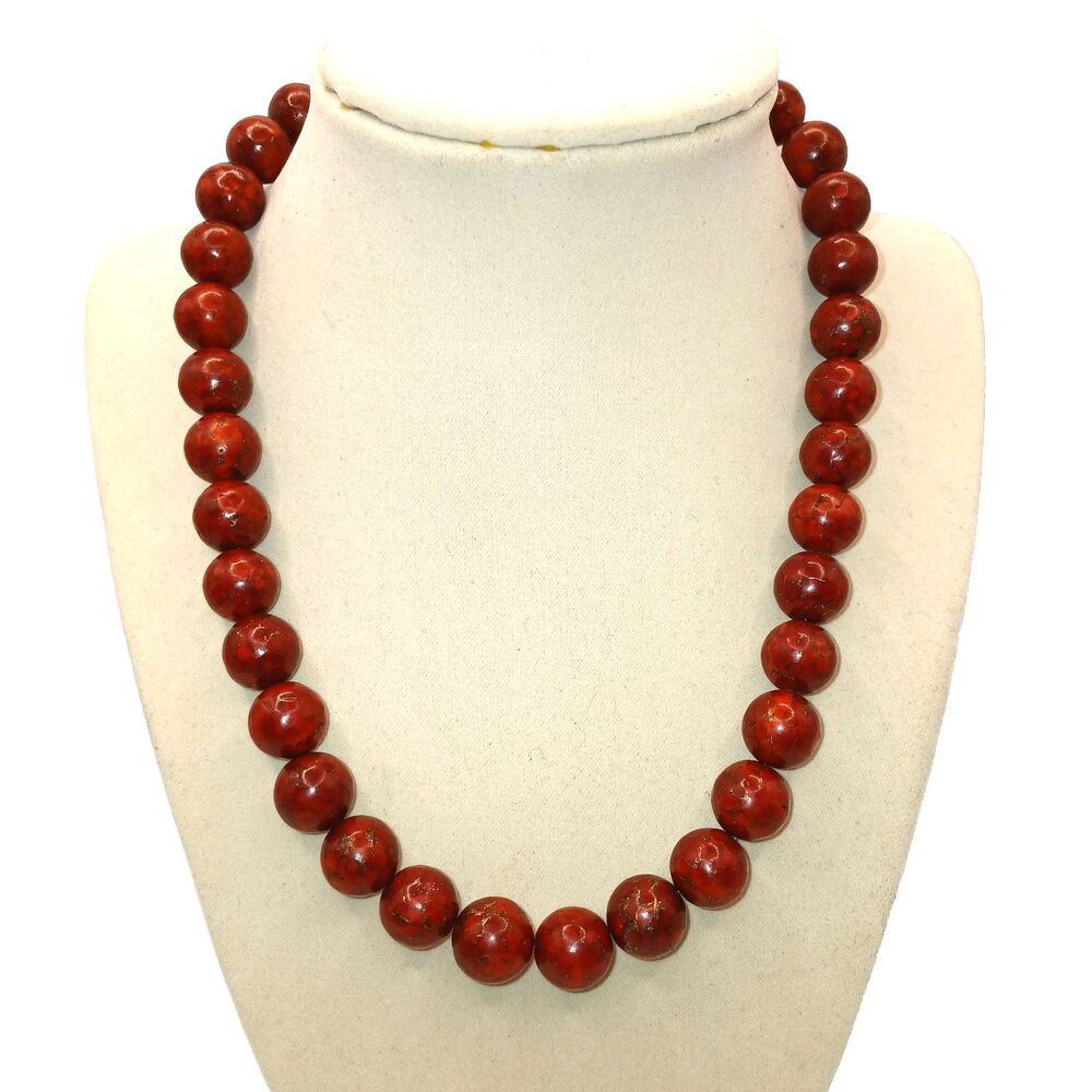 DA Designs by Dany Acosta Necklace Dark Red w/ Gold Veins Stone Beads 17.5 in